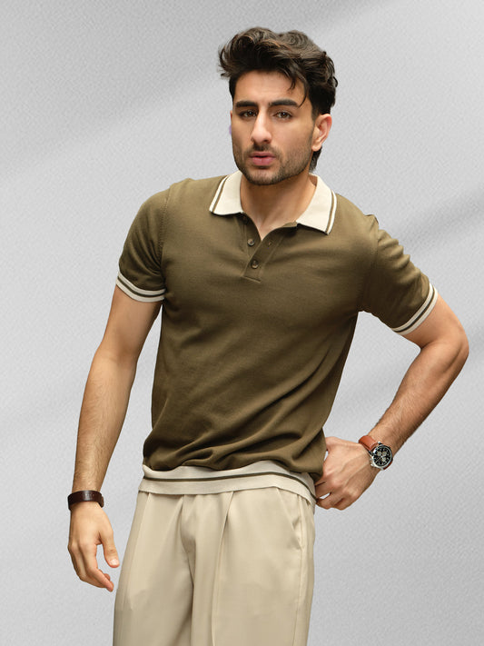 Slim Fit Flat Knit Polo T-Shirt | Olive