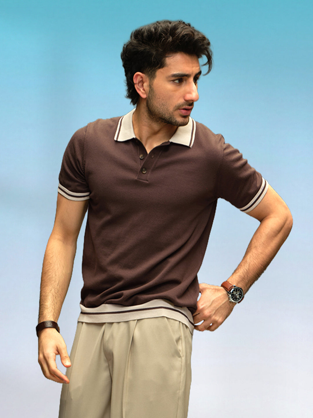 Slim Fit Flat Knit Polo T-Shirt | Brown