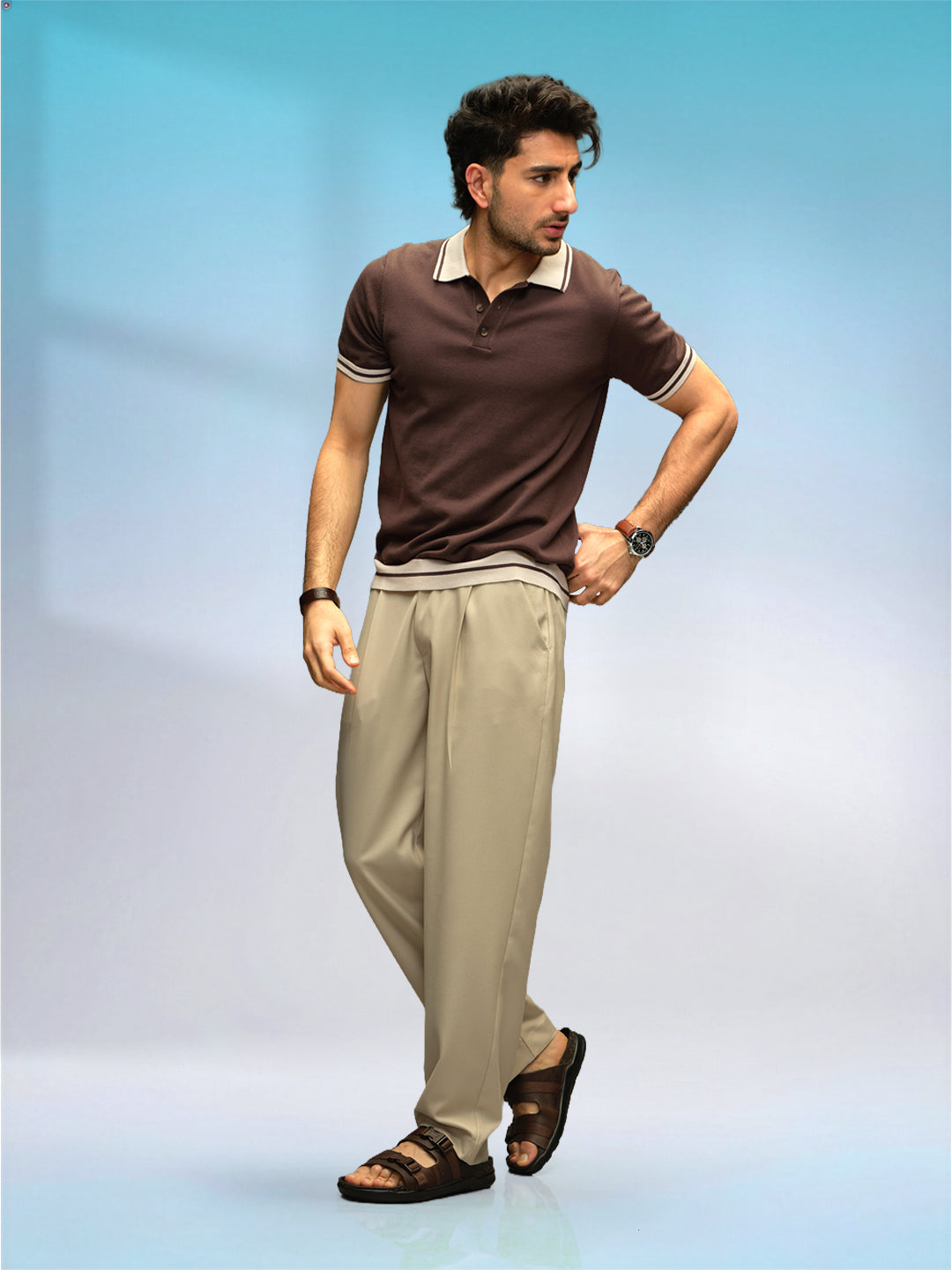 Slim Fit Flat Knit Polo T-Shirt | Brown