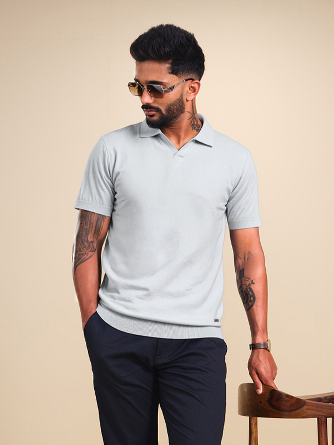 Slim Fit Flat Knit Polo T-Shirt | Light Blue