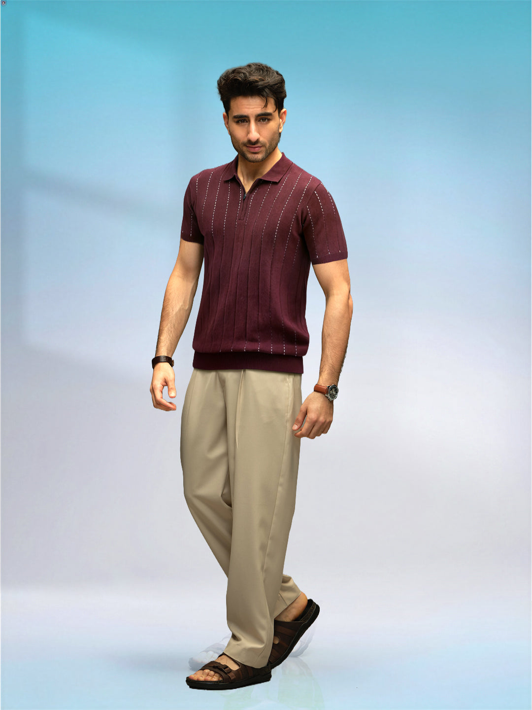 Slim Fit Flat Knit Polo T-Shirt | Maroon