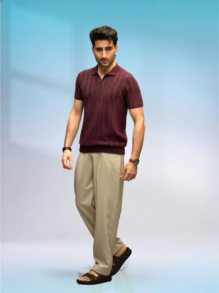 Slim Fit Flat Knit Polo T-Shirt | Maroon