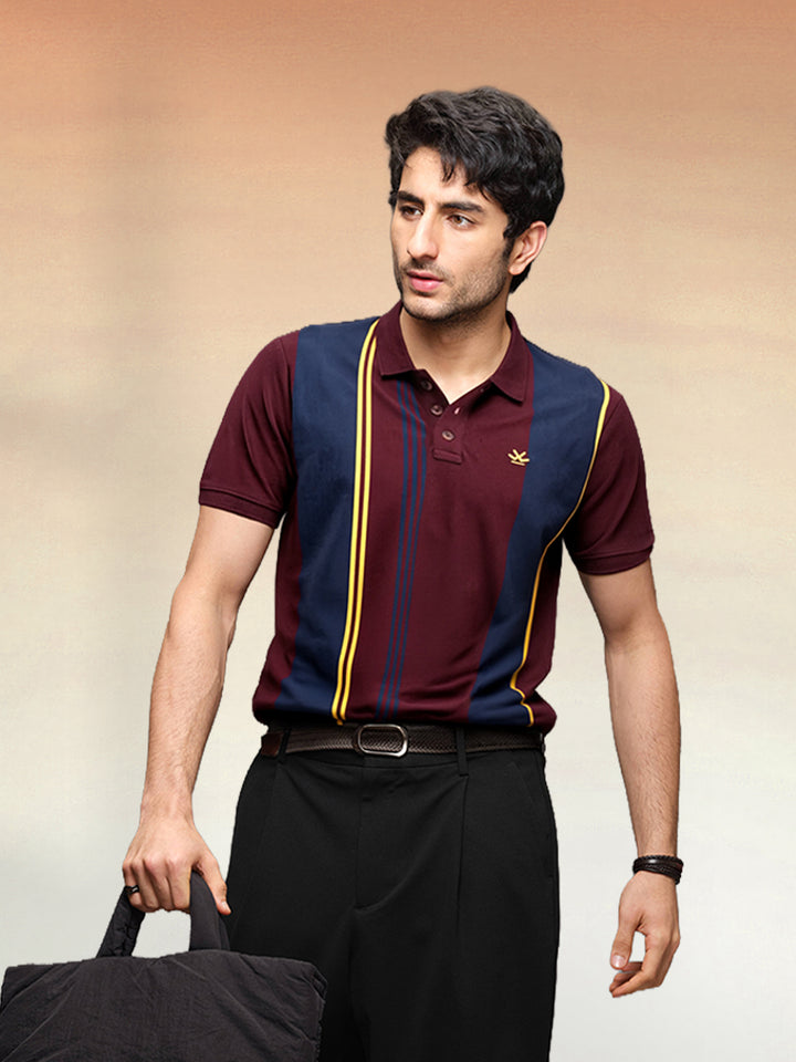 Slim Fit Pannel Printed Polo T-Shirt | Maroon