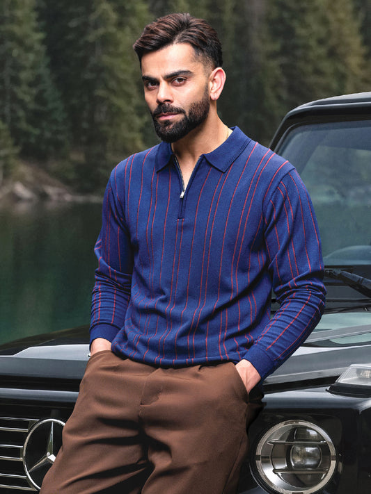 Slim Fit Flatknit Full Sleeve Polo T-Shirt | Navy Blue