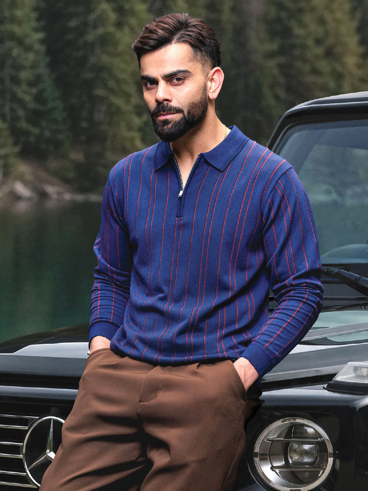 Slim Fit Flatknit Full Sleeve Polo T-Shirt | Navy Blue