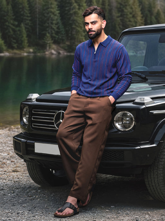 Slim Fit Flatknit Full Sleeve Polo T-Shirt | Navy Blue