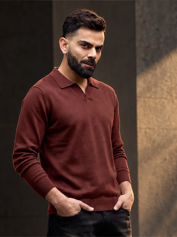 Solid Slim Fit Full Sleeve Polo T-Shirt | Wine