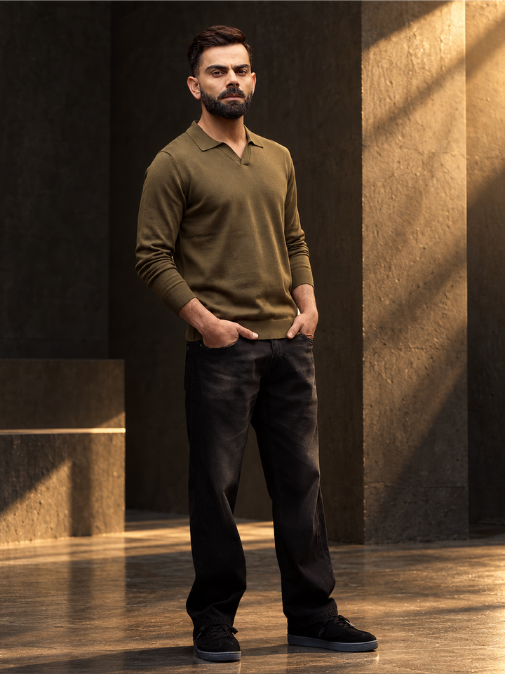 Solid Slim Fit Full Sleeve Polo T-Shirt | Olive