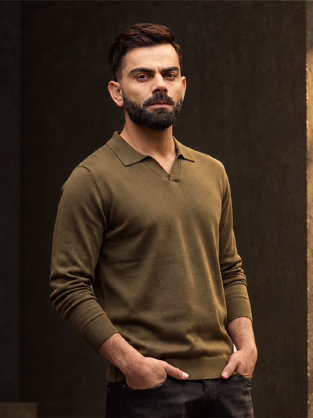 Solid Slim Fit Full Sleeve Polo T-Shirt | Olive