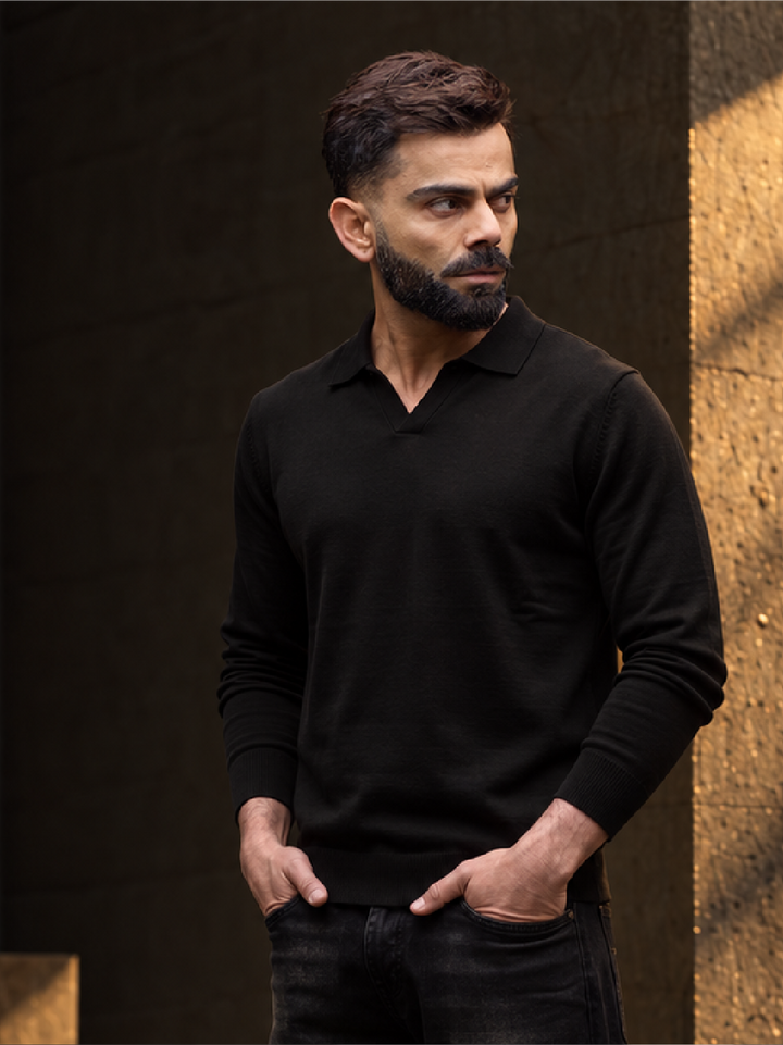 Solid Slim Fit Full Sleeve Polo T-Shirt | Black