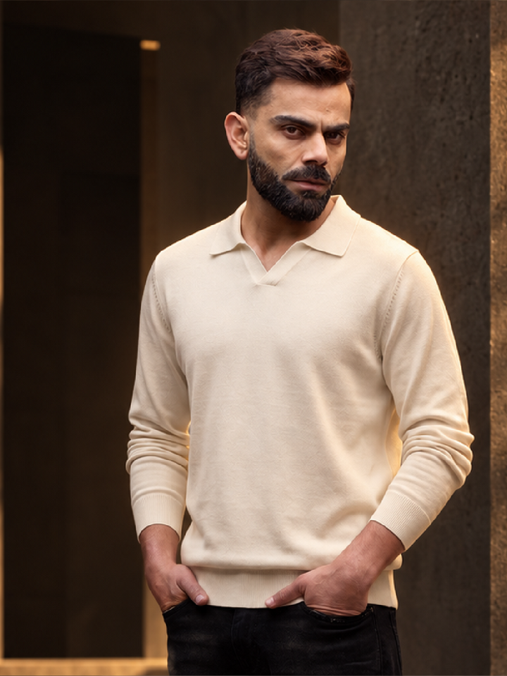 Solid Slim Fit Full Sleeve Polo T-Shirt | Off White