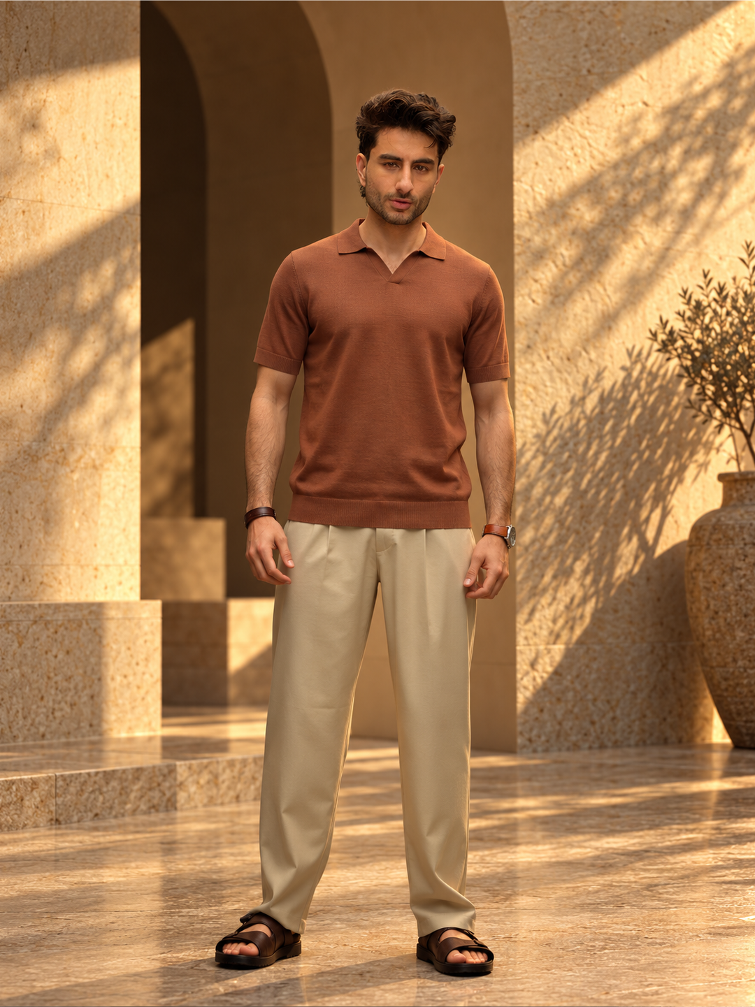 Solid Slim Fit Flatknit Polo T-Shirt | Brown