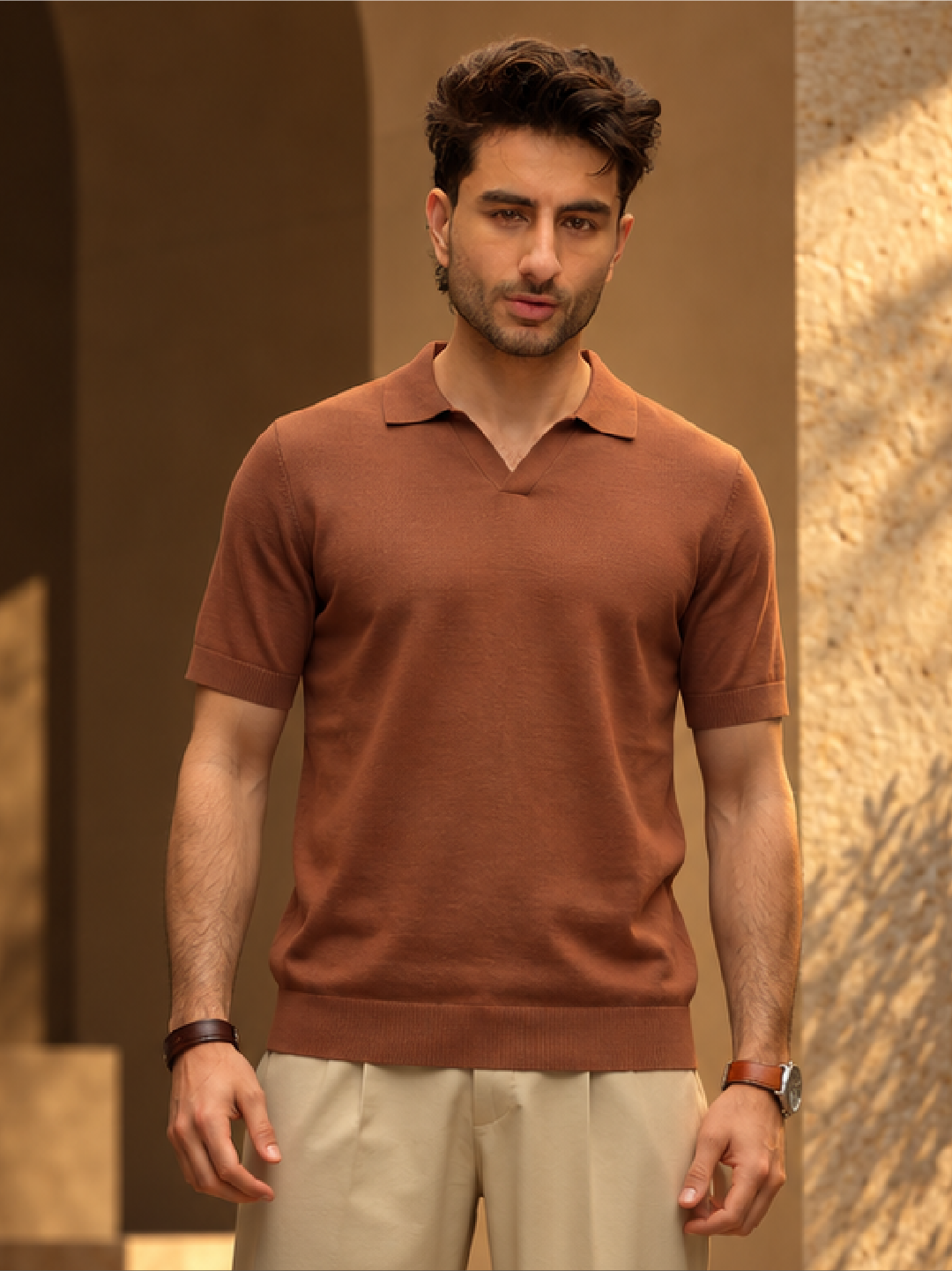 Solid Slim Fit Flatknit Polo T-Shirt | Brown