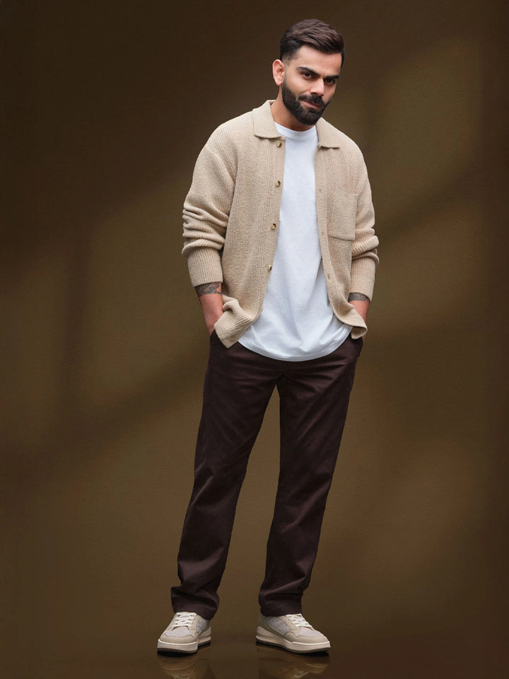 Regular Fit Solid Trousers In Premium Fabric | Dark Brown