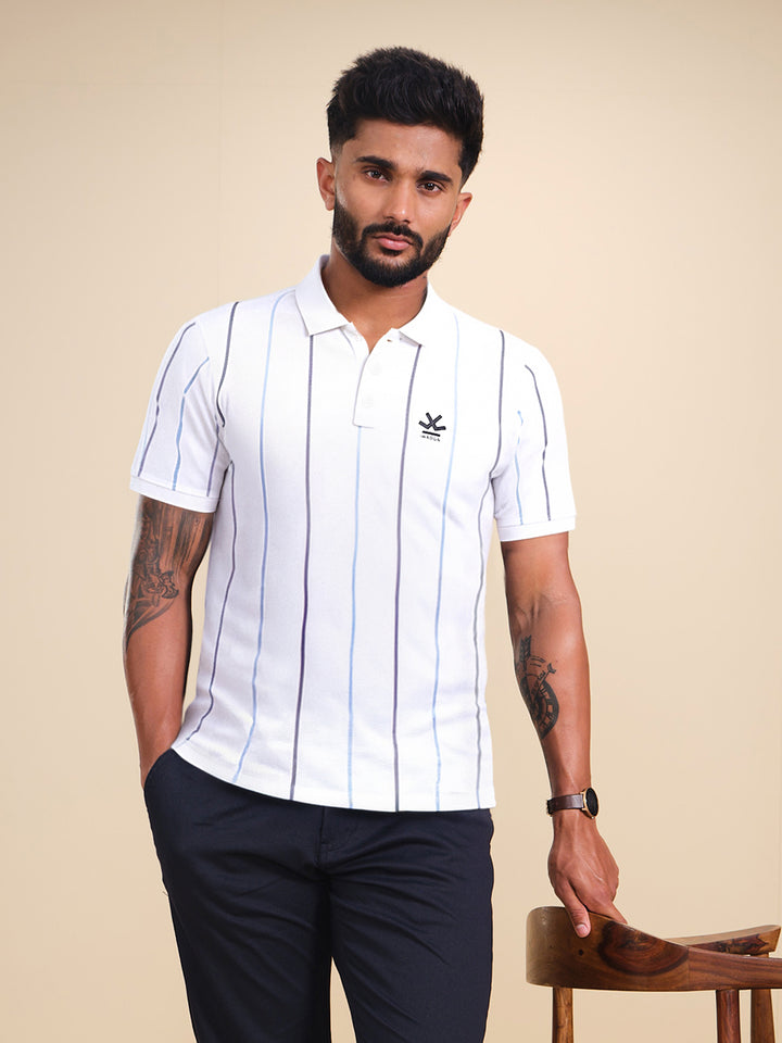 Men's Casual Regualr Fit Striped Pattern Polo T-Shirt | White
