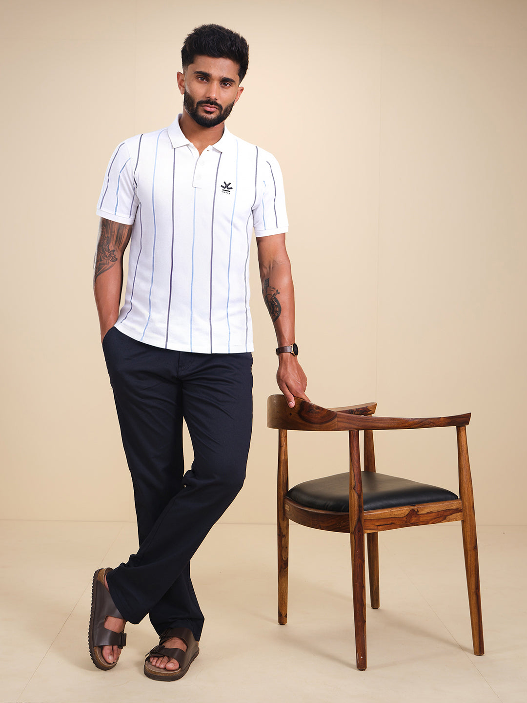Men's Casual Regualr Fit Striped Pattern Polo T-Shirt | White