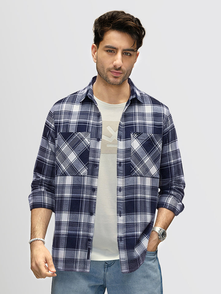 Men's Casual Double Pocket Flannel Shirt | Blue