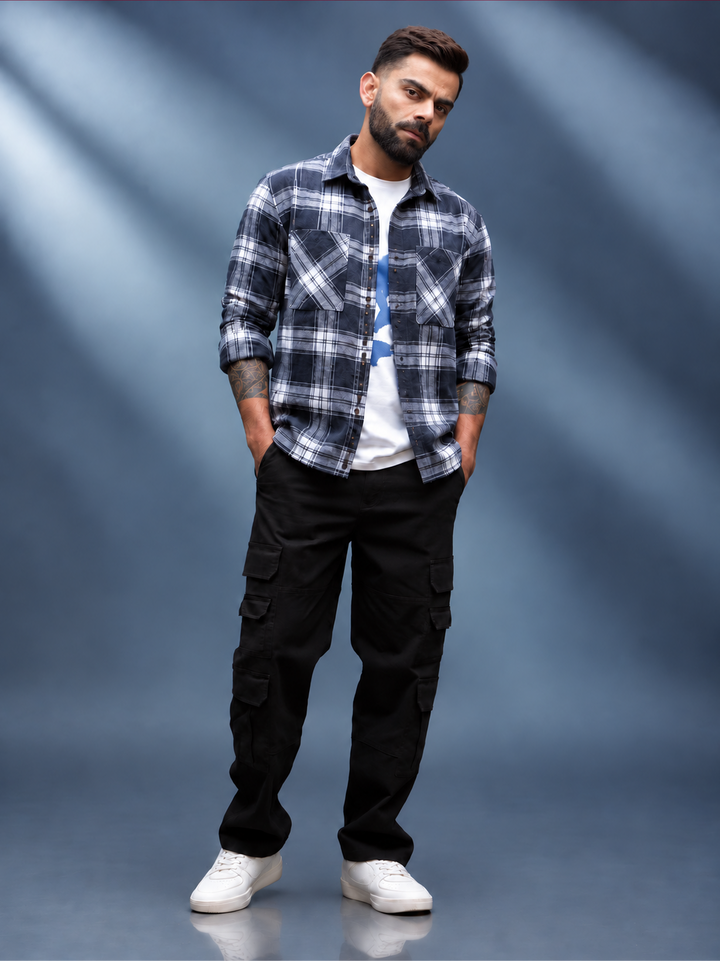 Men's Casual Double Pocket Flannel Shirt | Blue