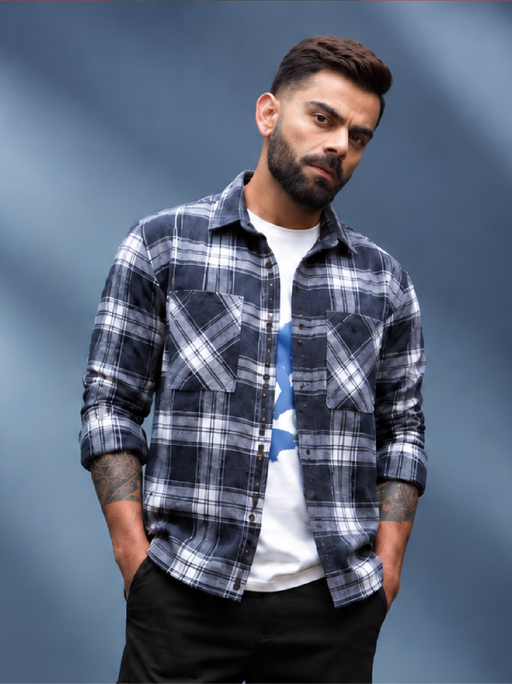 Men's Casual Double Pocket Flannel Shirt | Blue