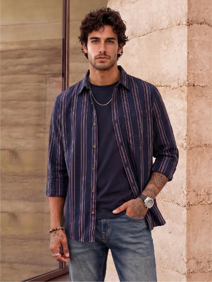 Classic Slim Fit Striped Shirt | Navy Blue