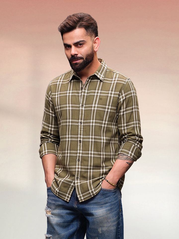 Slim Fit Checkered Shirt  | Olive