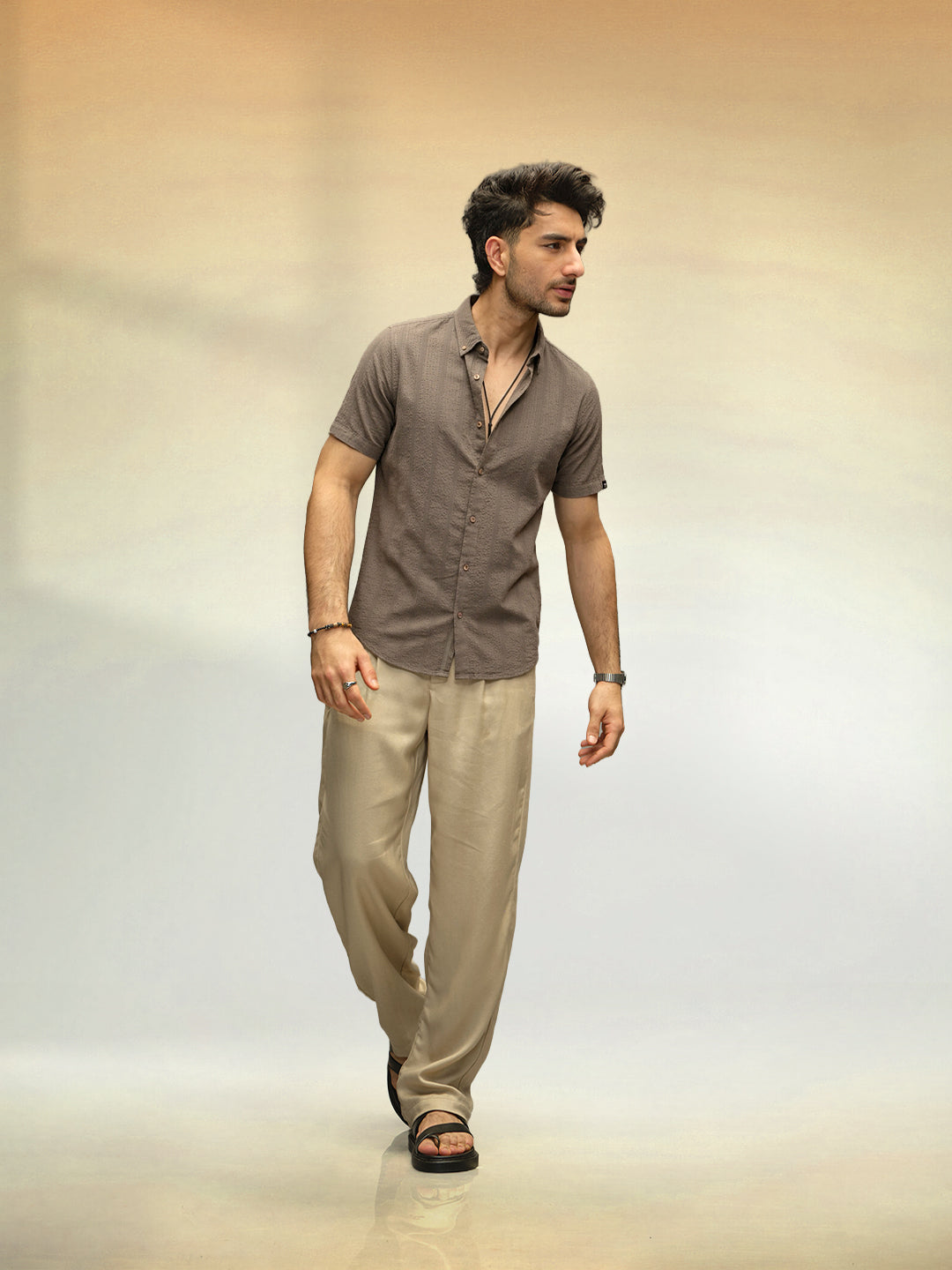 Slim Fit Textured Half Sleeve Shirt | Olive