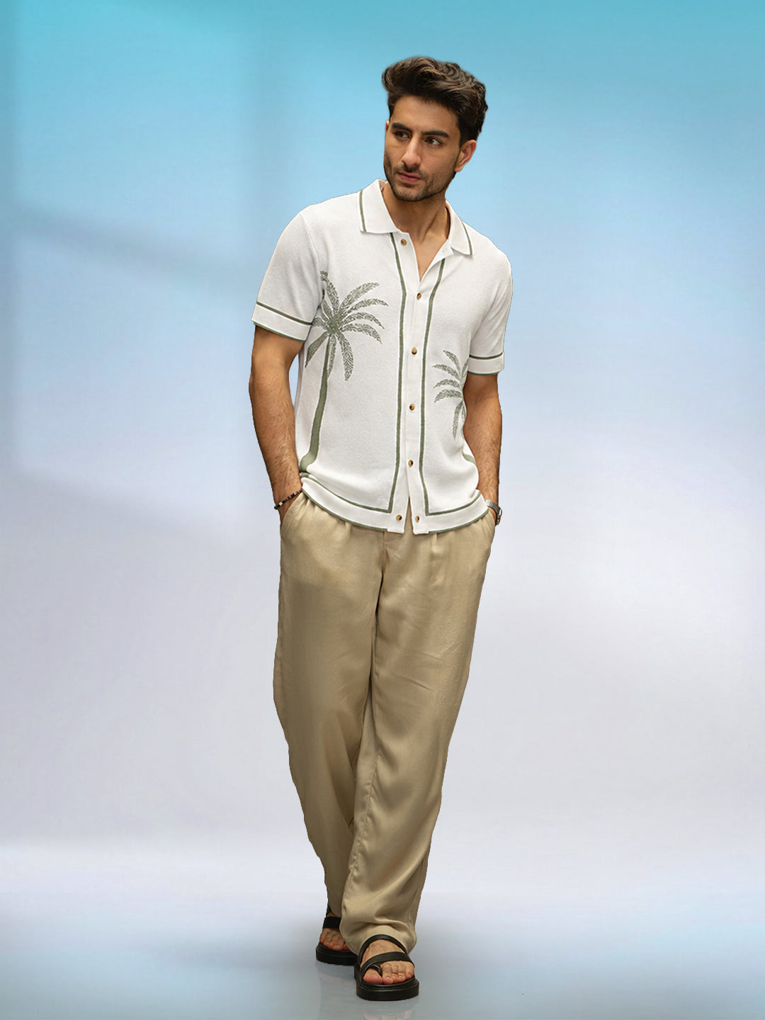 Slim Fit Jacquard Resort Collar Shirt | Off White