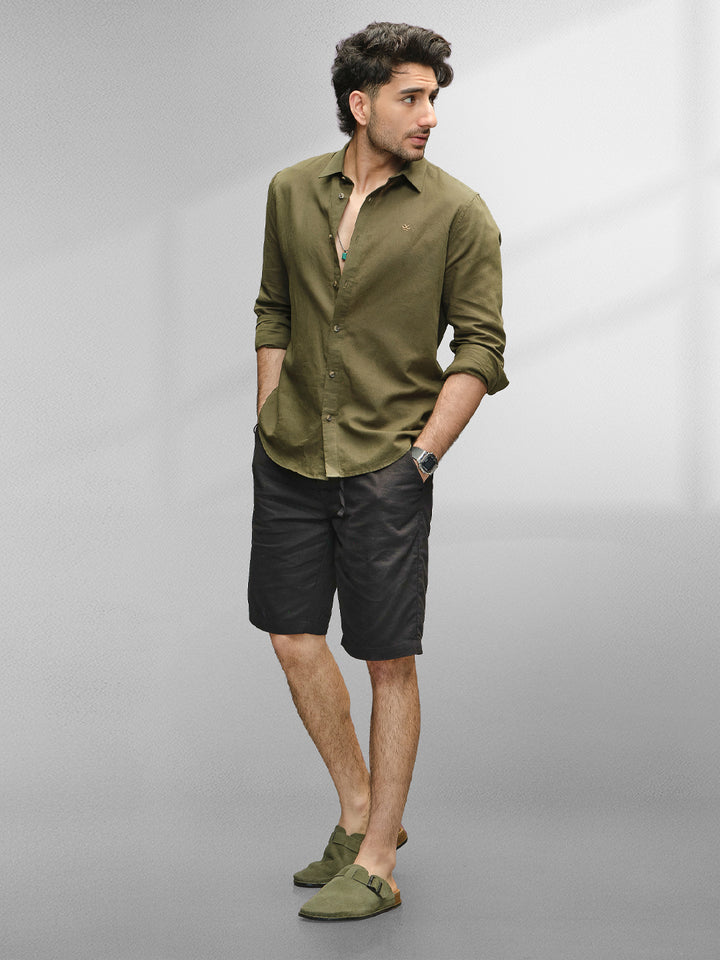 Solid Slim Fit Linen Blend Shirt  | Olive