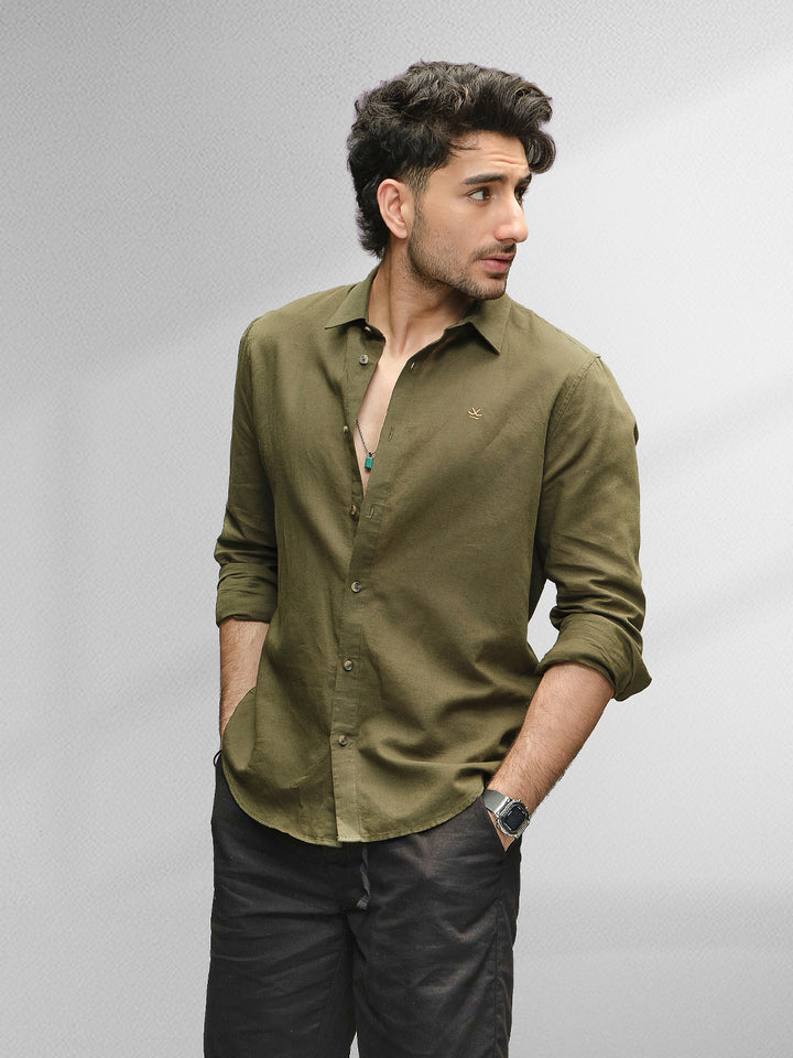 Solid Slim Fit Linen Blend Shirt  | Olive