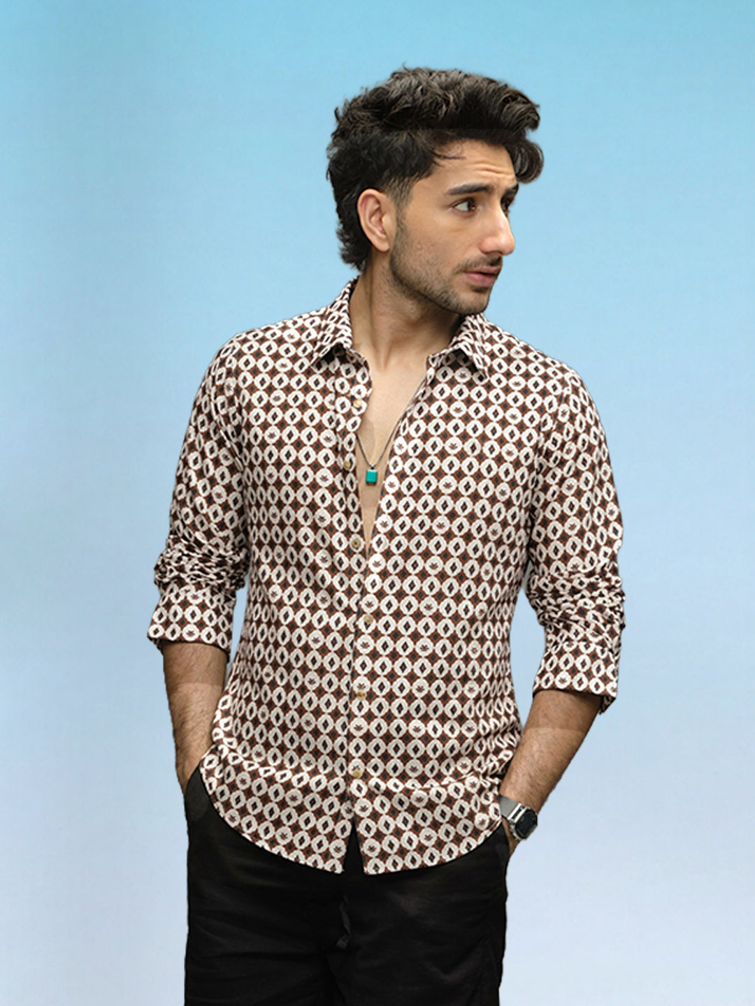 Slim Fit AOP Full Sleeve Shirt | Brown