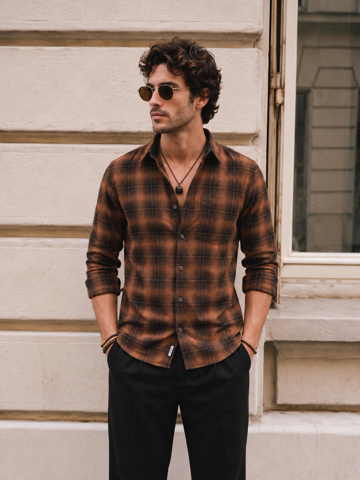 Classic Slim Fit Checkered Shirt | Brown