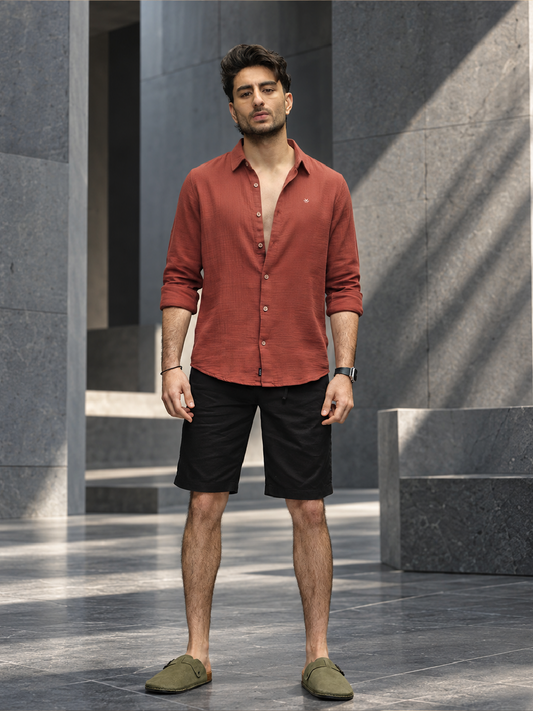 Textured Slim Fit Solid Shirt | Rust