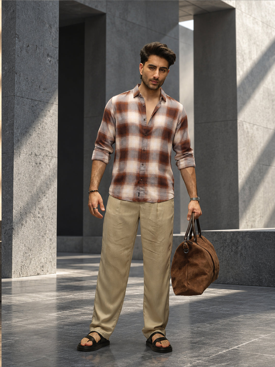 Slim Fit Full Sleeve Flannel Shirt | Khaki