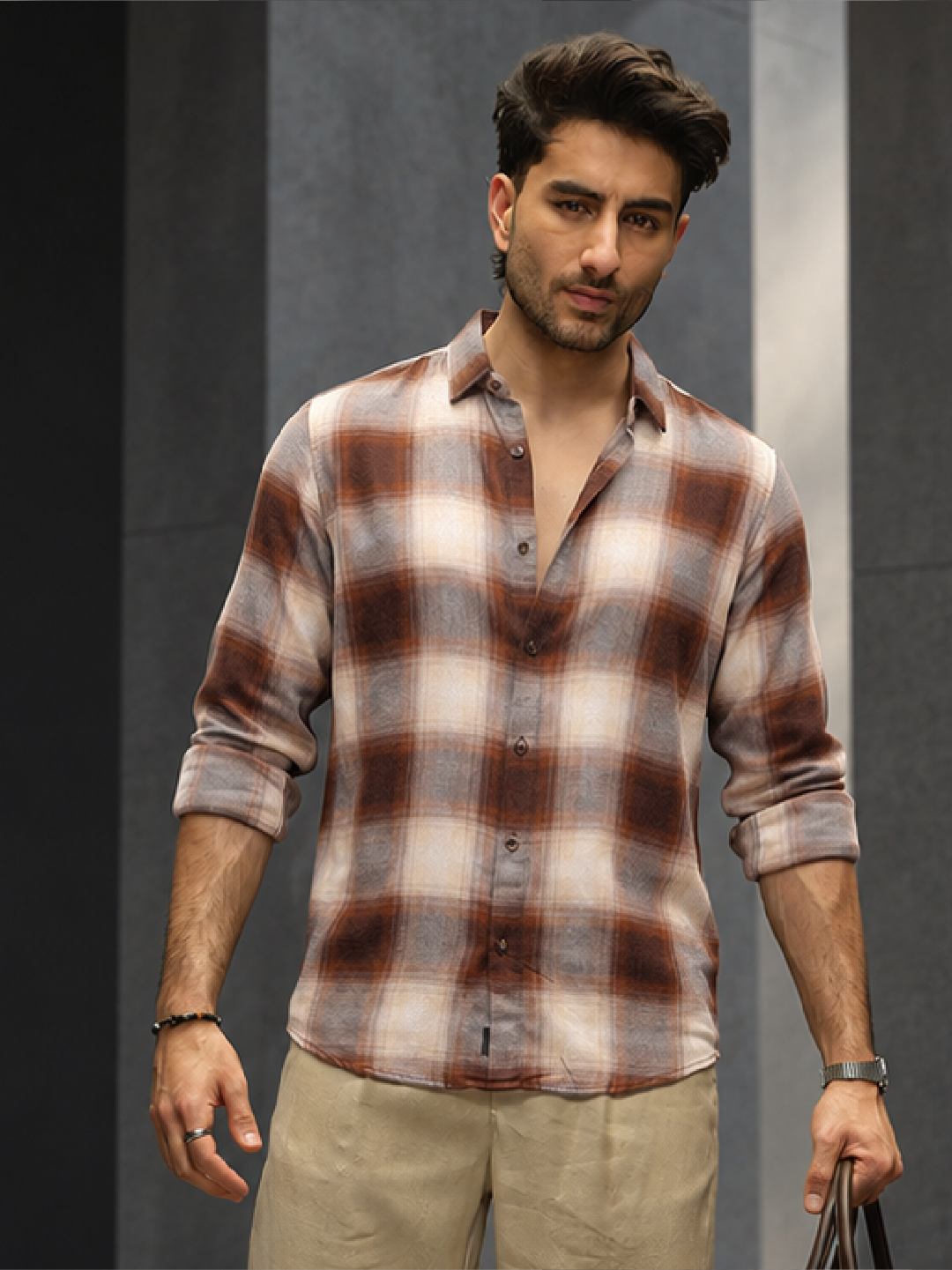 Slim Fit Full Sleeve Flannel Shirt | Khaki