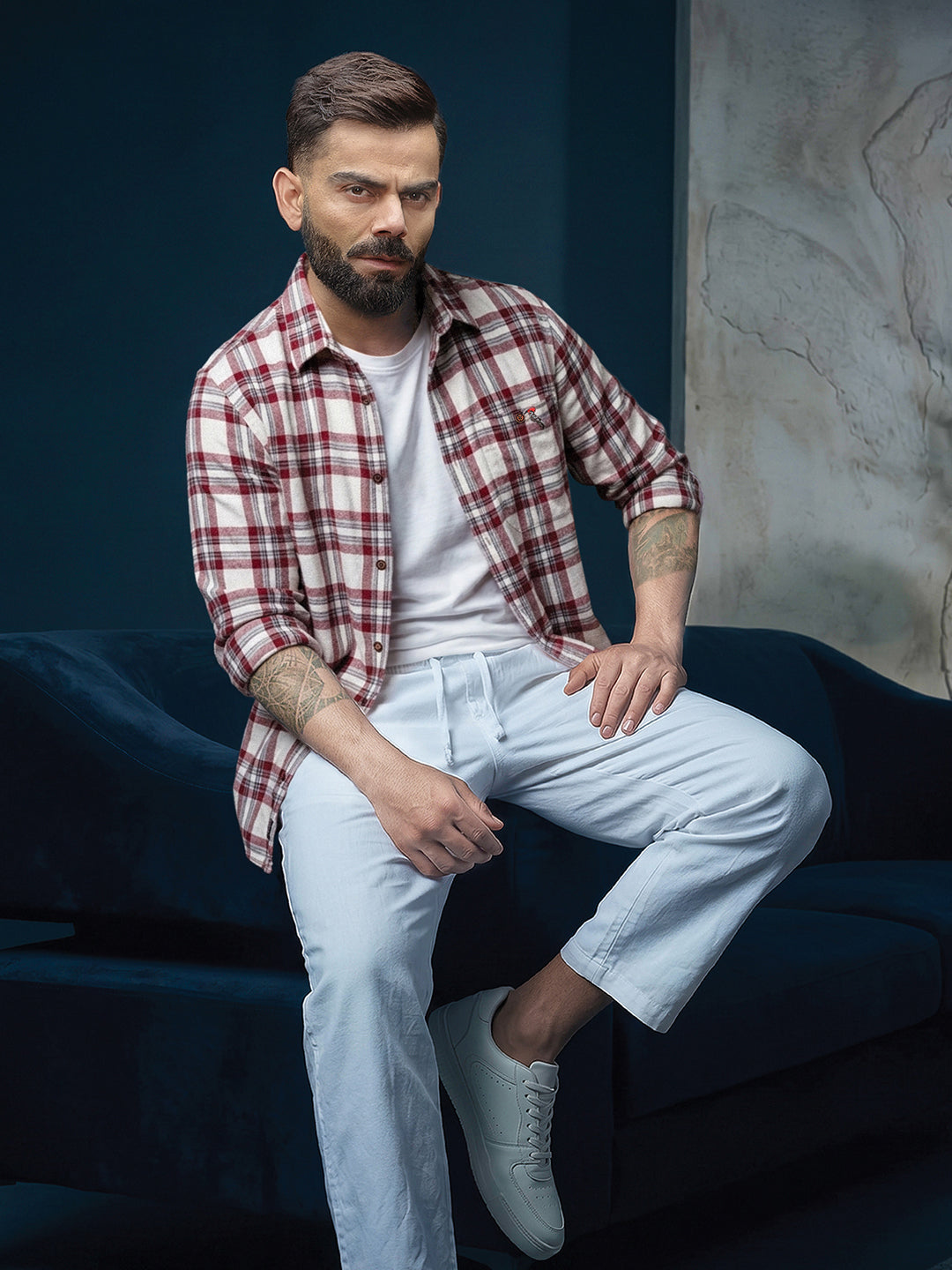 Slim Fit Embroidered Detail Flannel Shirt | Red