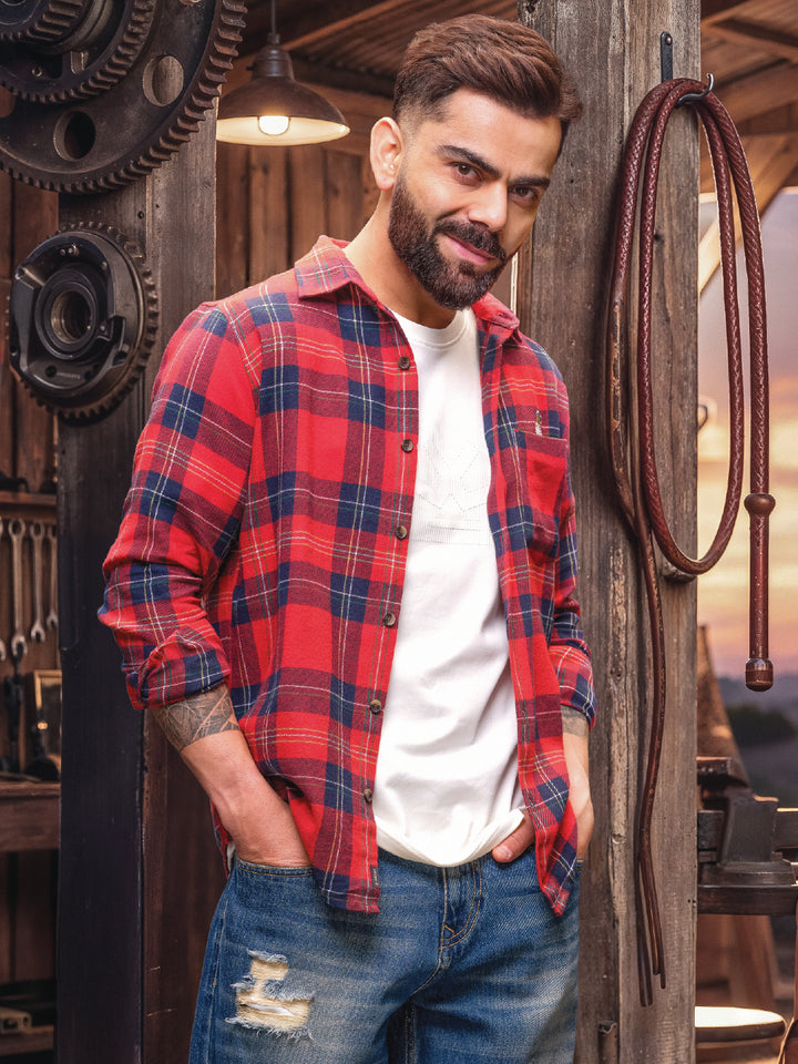 Slim Embroidery Detail Checkered Shirt | Red