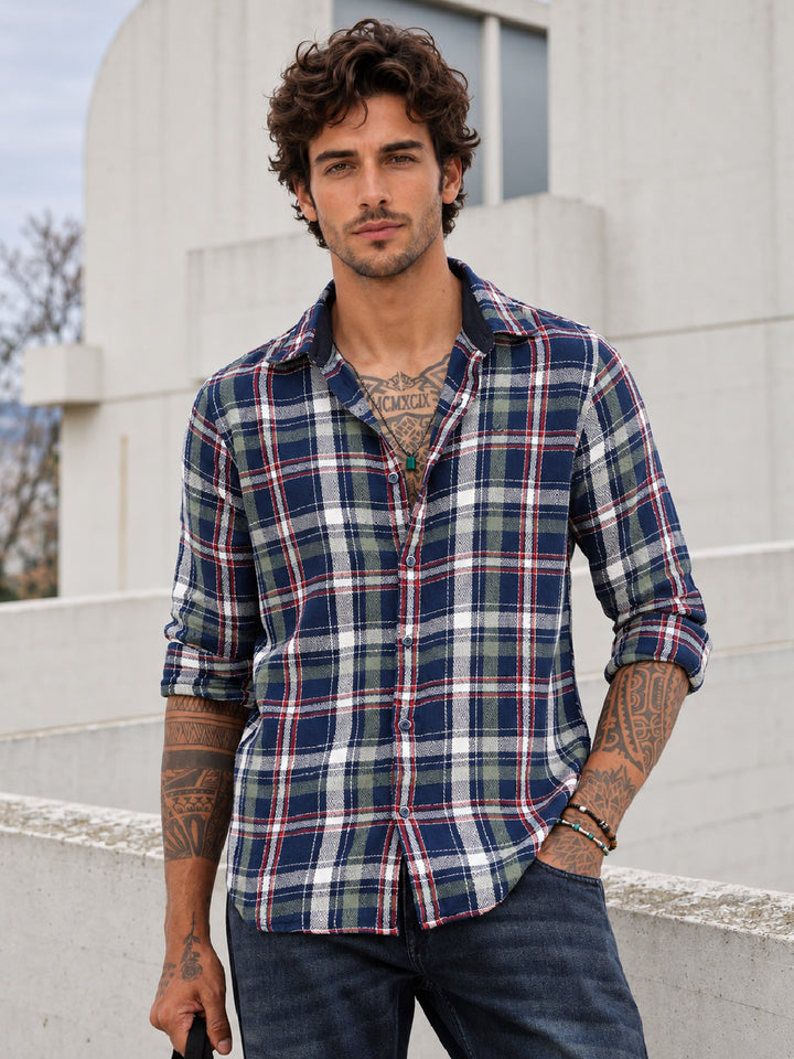 Slim Fit Checkered Full Sleeve Shirt | Navy Blue
