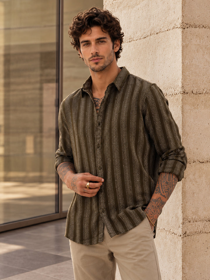 Textured Slim Fit Striped Shirt | Olive