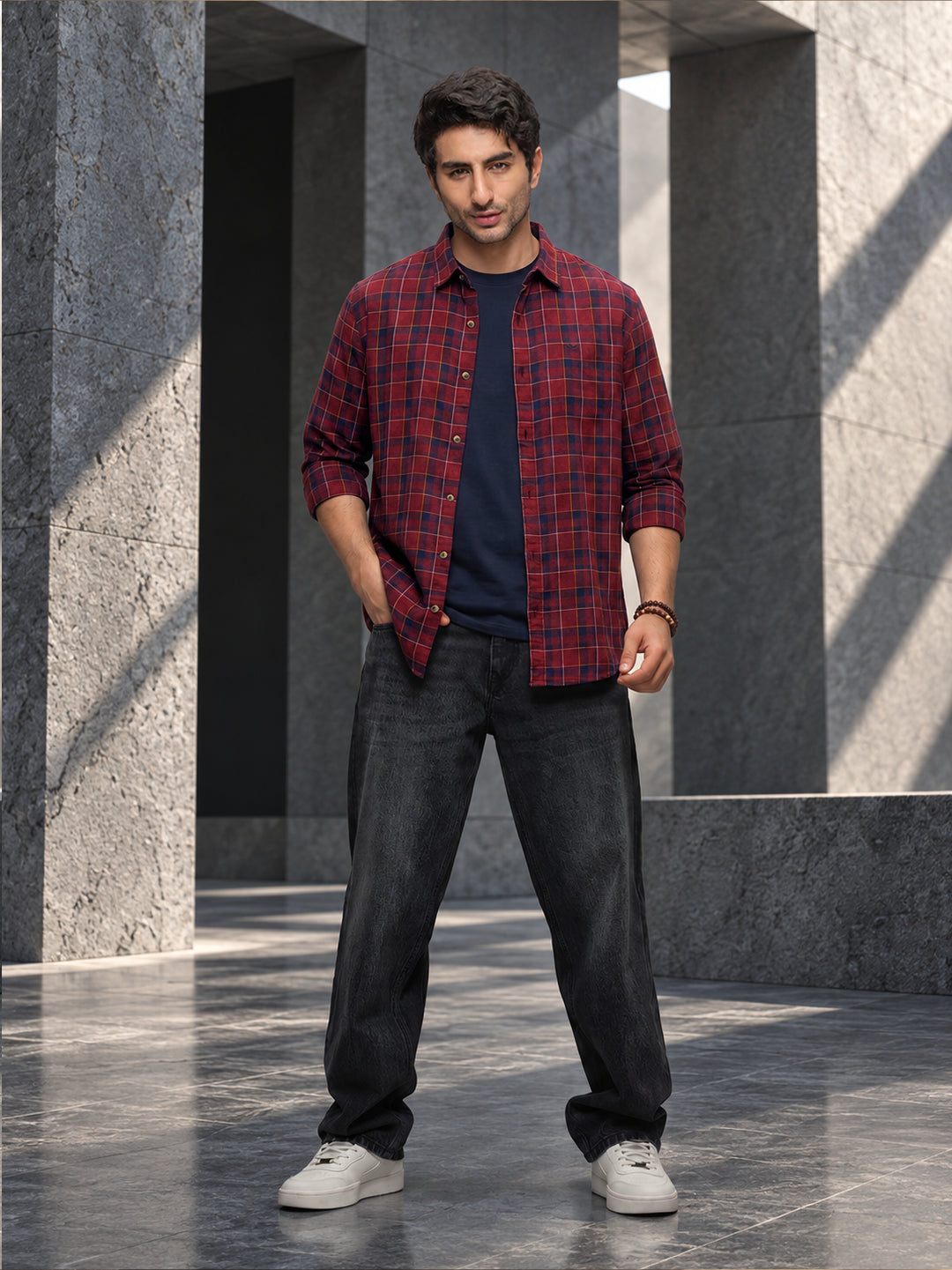 Classic Textured Checkered Shirt | Maroon