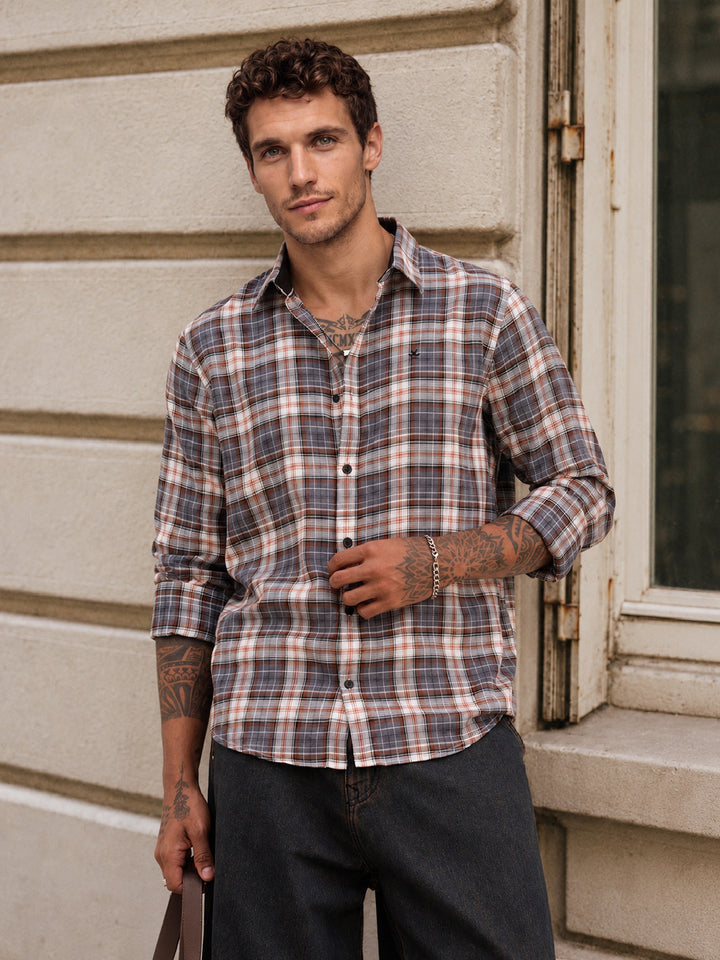 Slim Fit Checkered Full Sleeve Shirt | Grey