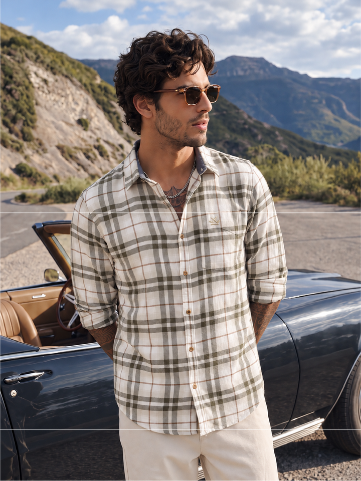 Slim Fit Checkered Full Sleeve Shirt | Olive