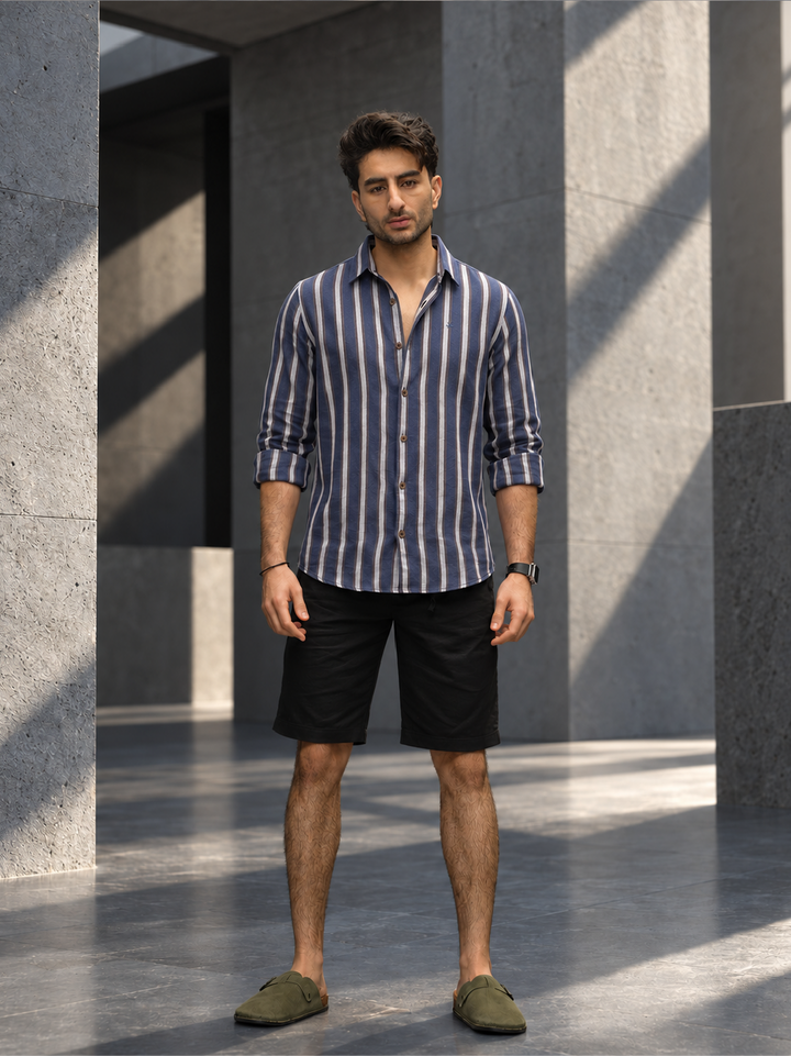 Slim Fit Striped Full Sleeve Shirt | Navy Blue