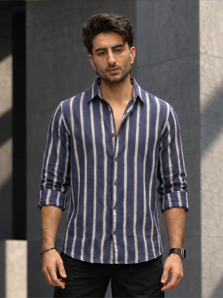 Slim Fit Striped Full Sleeve Shirt | Navy Blue