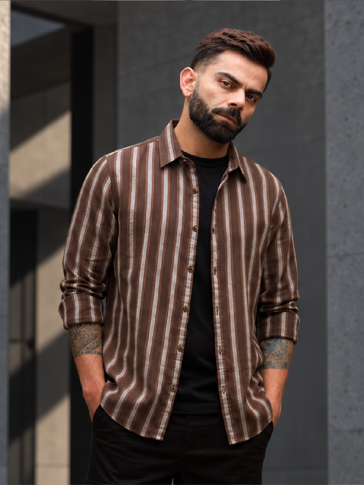 Slim Fit Striped Full Sleeve Shirt | Brown