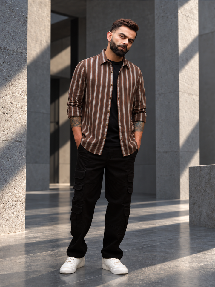 Slim Fit Striped Full Sleeve Shirt | Brown