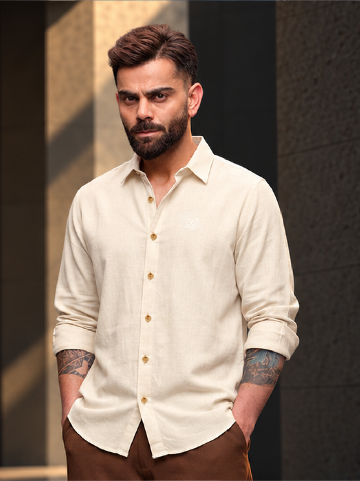 Solid Linen Blend Full Sleeve Shirt | Cream