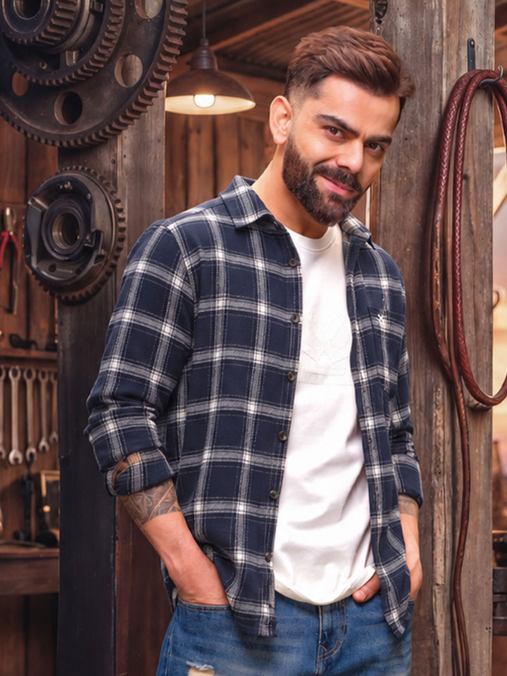 Slim Fit Full Sleeve Flannel Shirt | Navy Blue