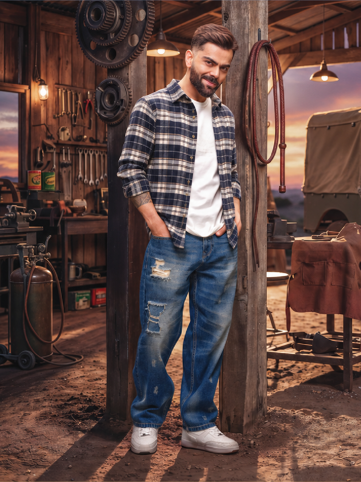 Slim Fit Full Sleeve Flannel Shirt | Navy Blue