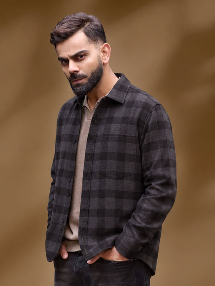 Slim Fit Flannel Full Sleeve Shirt | Black