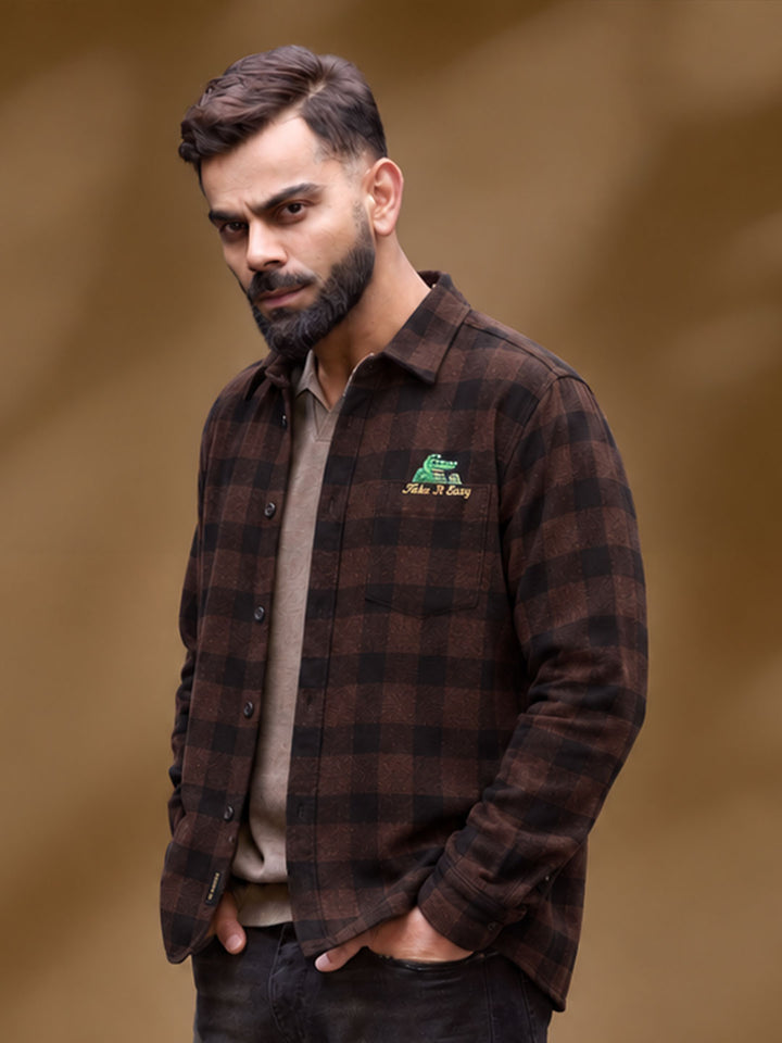 Slim Fit Flannel Embroidery Detail Shirt | Brown